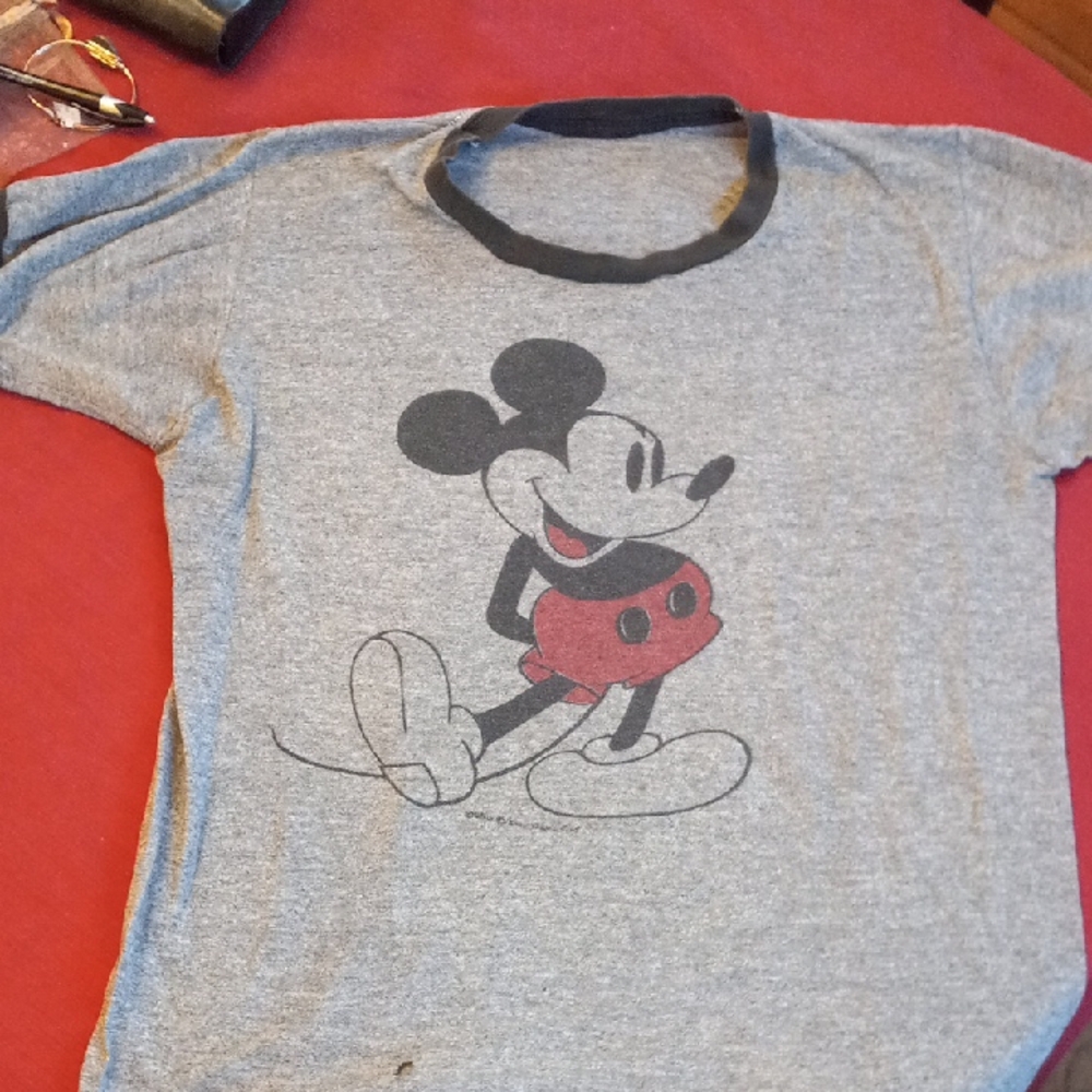 Disney Mickey Mouse Heather Grey Tee with Black Trim Vintage 80s